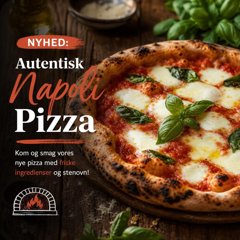 AI genereret Facebook post med pizza på dansk